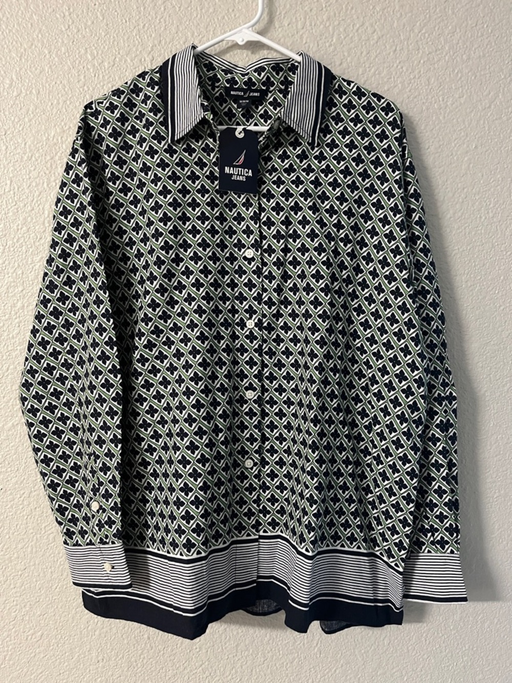 Women's Nautica Navy Blue Linen Blend Long Sleeve Button Down Blouse Size M NWT